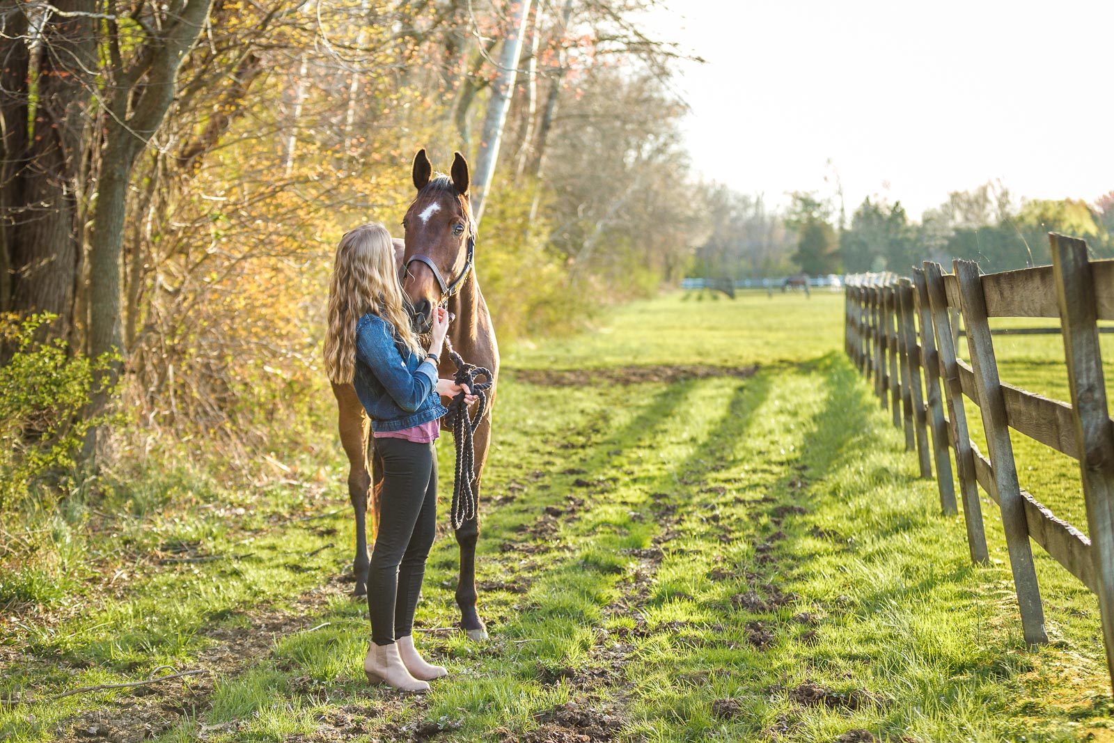 blonde girl and bay horse in field at sunset