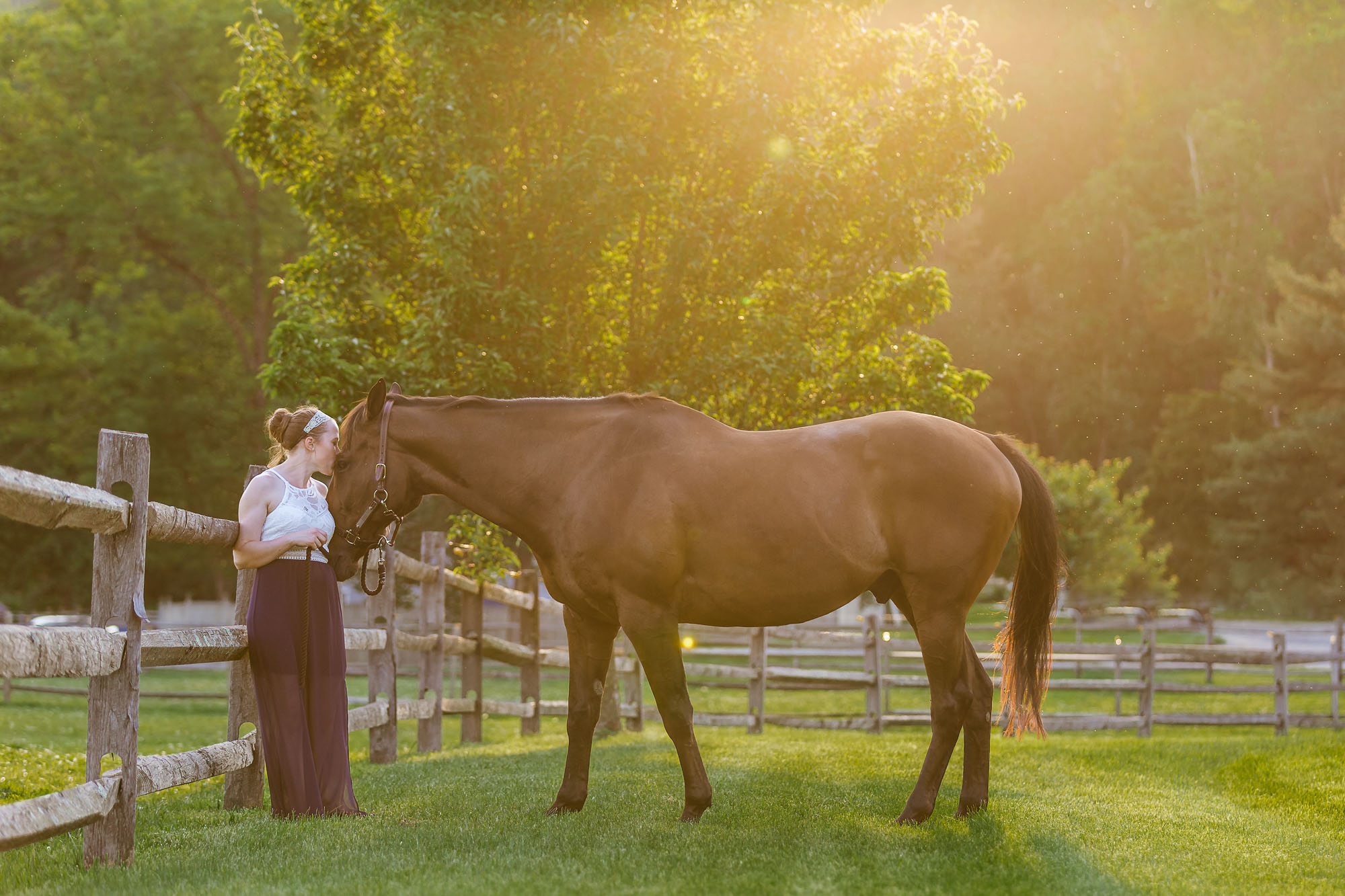 girl leaning against fence kissing horse