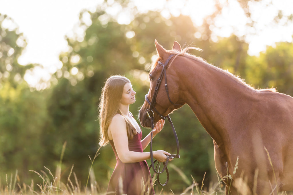 girl gently holding her horse in a sunny field at sunset