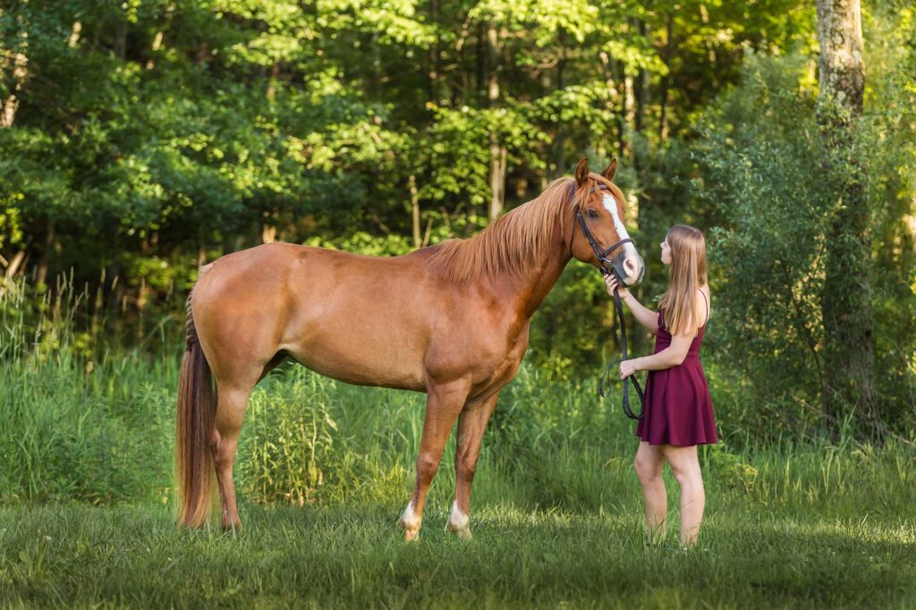 girl in a grassy field with Mia the chestnut mare at The Black Fox Farm