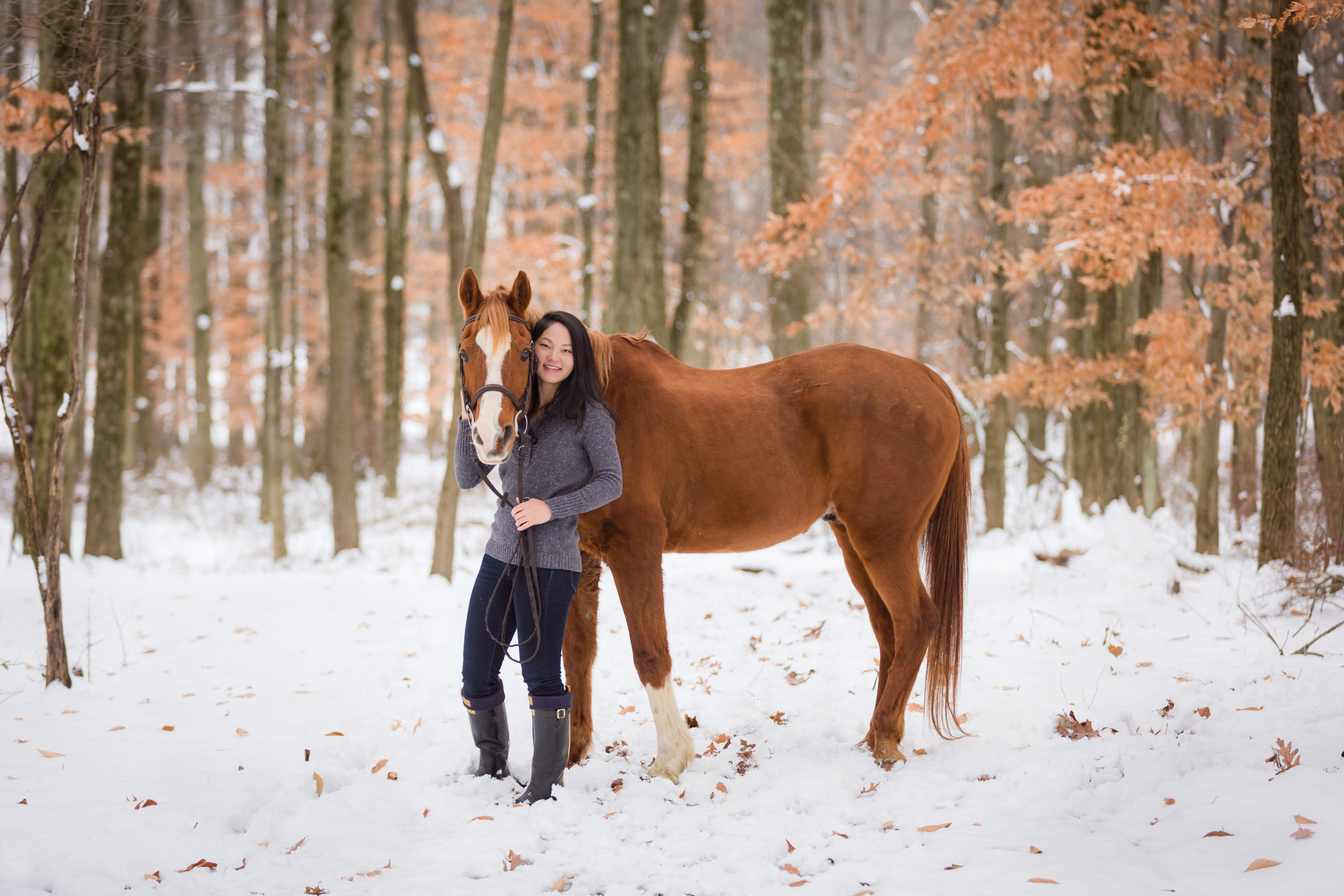woman in snow with senior chestnut Arabian horse