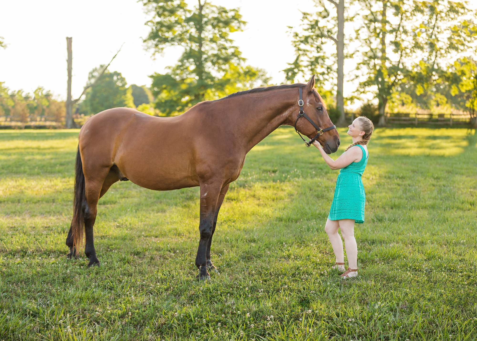 girl in turquoise dress with bay gelding at Robin Hill Farm