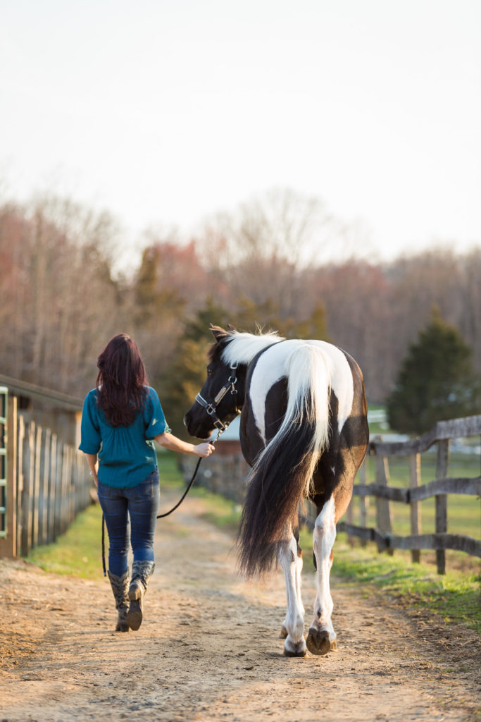 girl walking horse at Footlight Farm